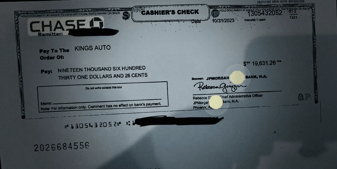 Cashier's check — Kings Auto